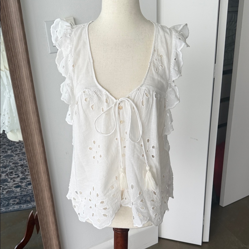 White Eyelet Ruffle Tie-Front Women's Top